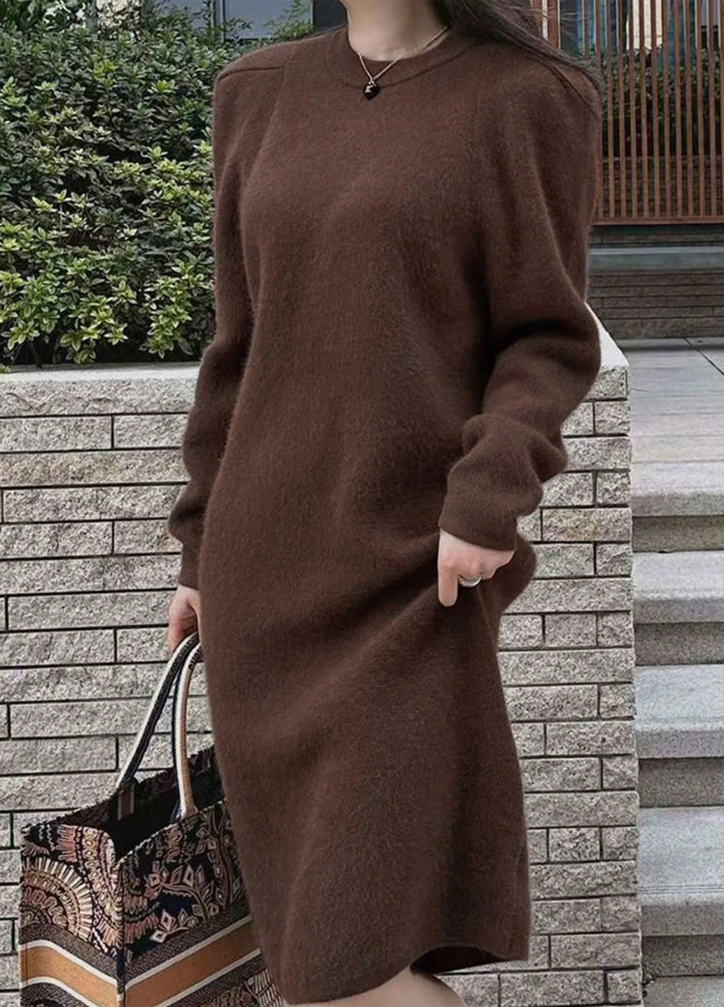 Кофейное кэжуал платье платье-свитер SHEIN однотонное