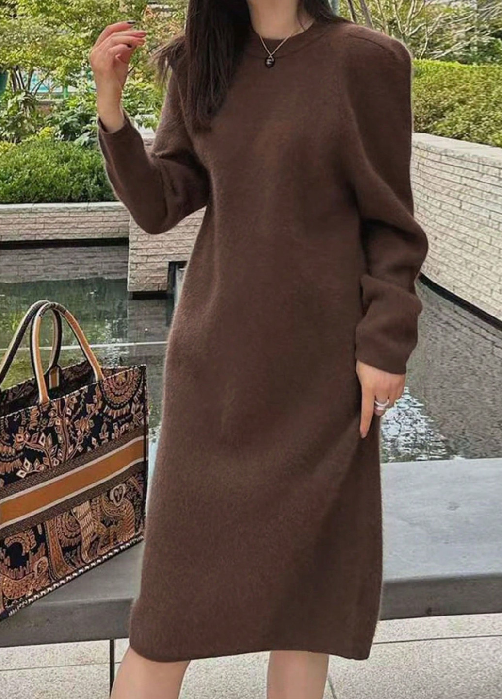 Кофейное кэжуал платье платье-свитер SHEIN однотонное