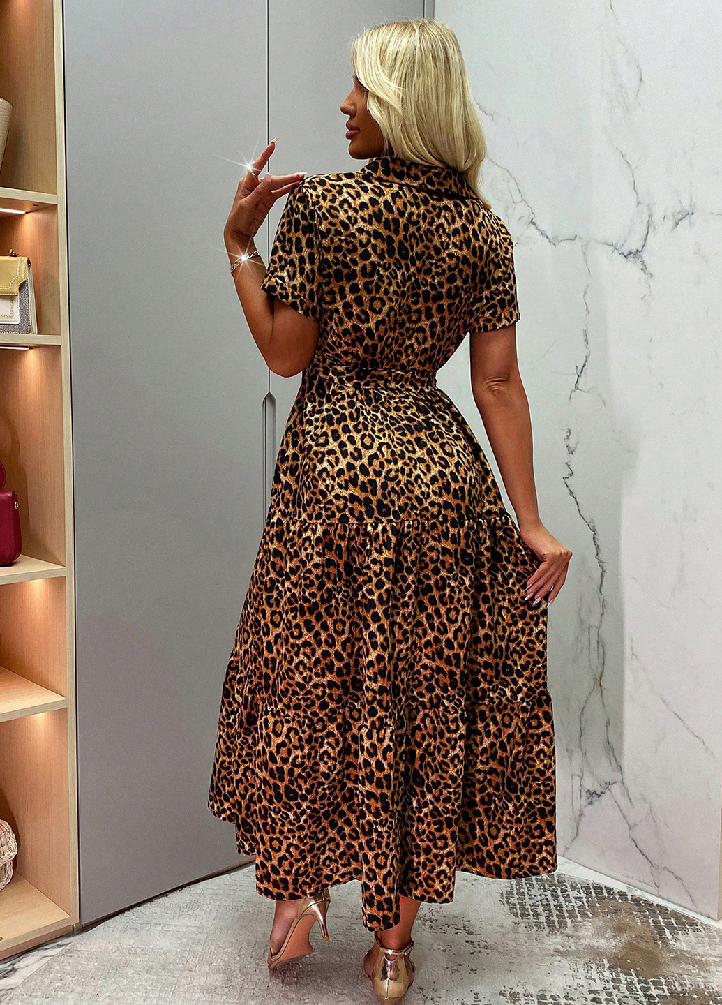 Коричневое кэжуал платье с юбкой-солнце, рубашка SHEIN леопардовый