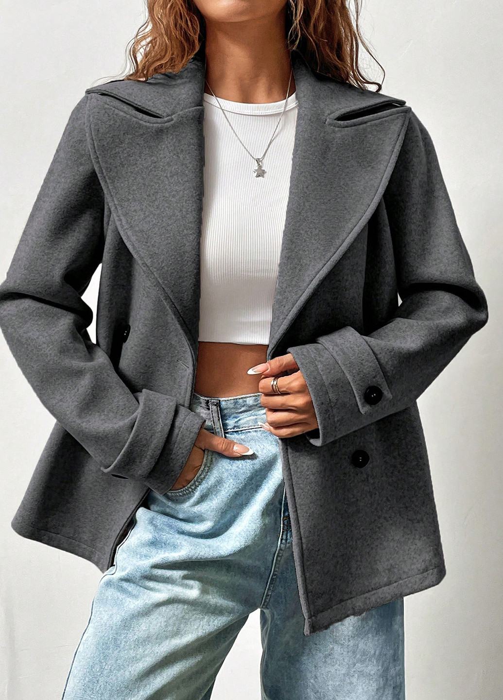 Темно-сіре Діловий, Кежуал напівпальто двобортне SHEIN однотонне