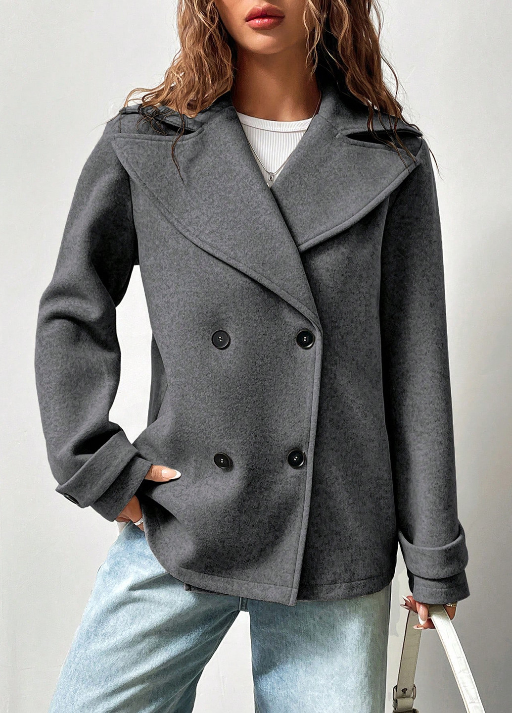 Темно-сіре Діловий, Кежуал напівпальто двобортне SHEIN однотонне