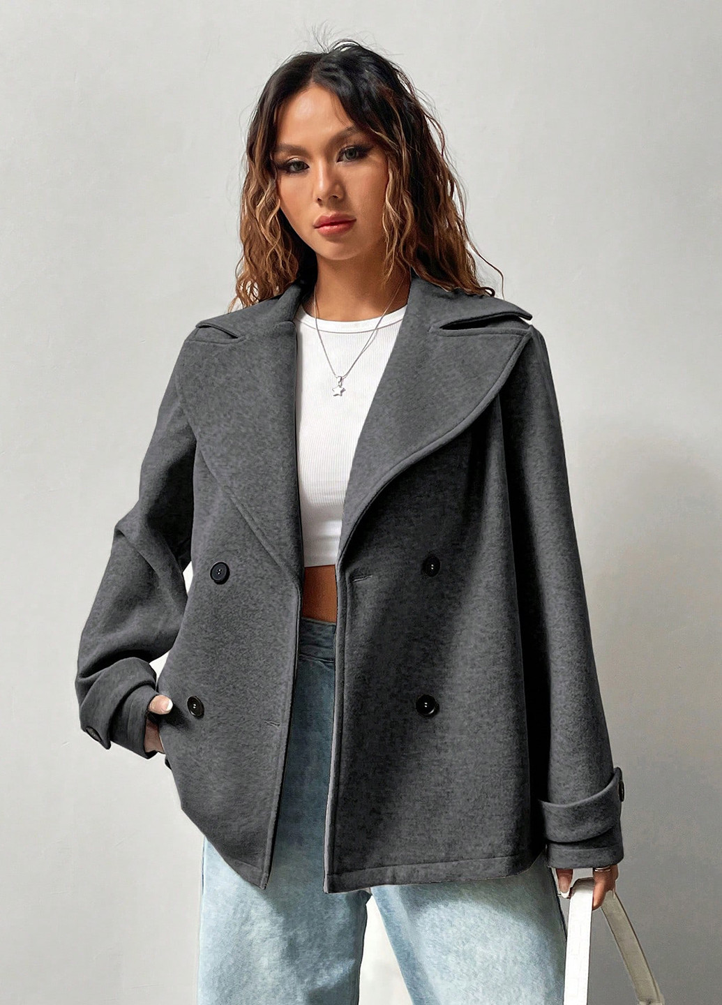 Темно-сіре Діловий, Кежуал напівпальто двобортне SHEIN однотонне