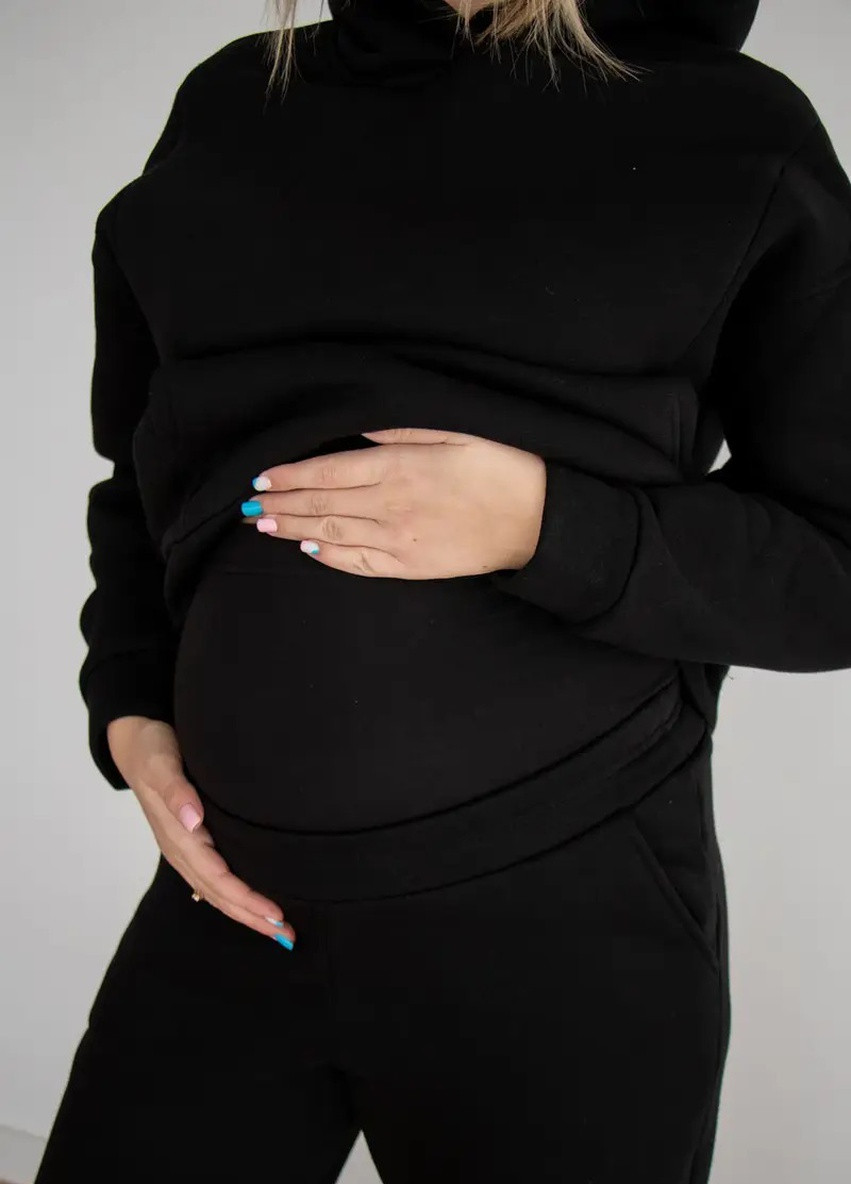 Теплий спортивний костюм для вагітних та годуючих мам на флісі чорний з кофтою з капюшоном To Be (254954327)