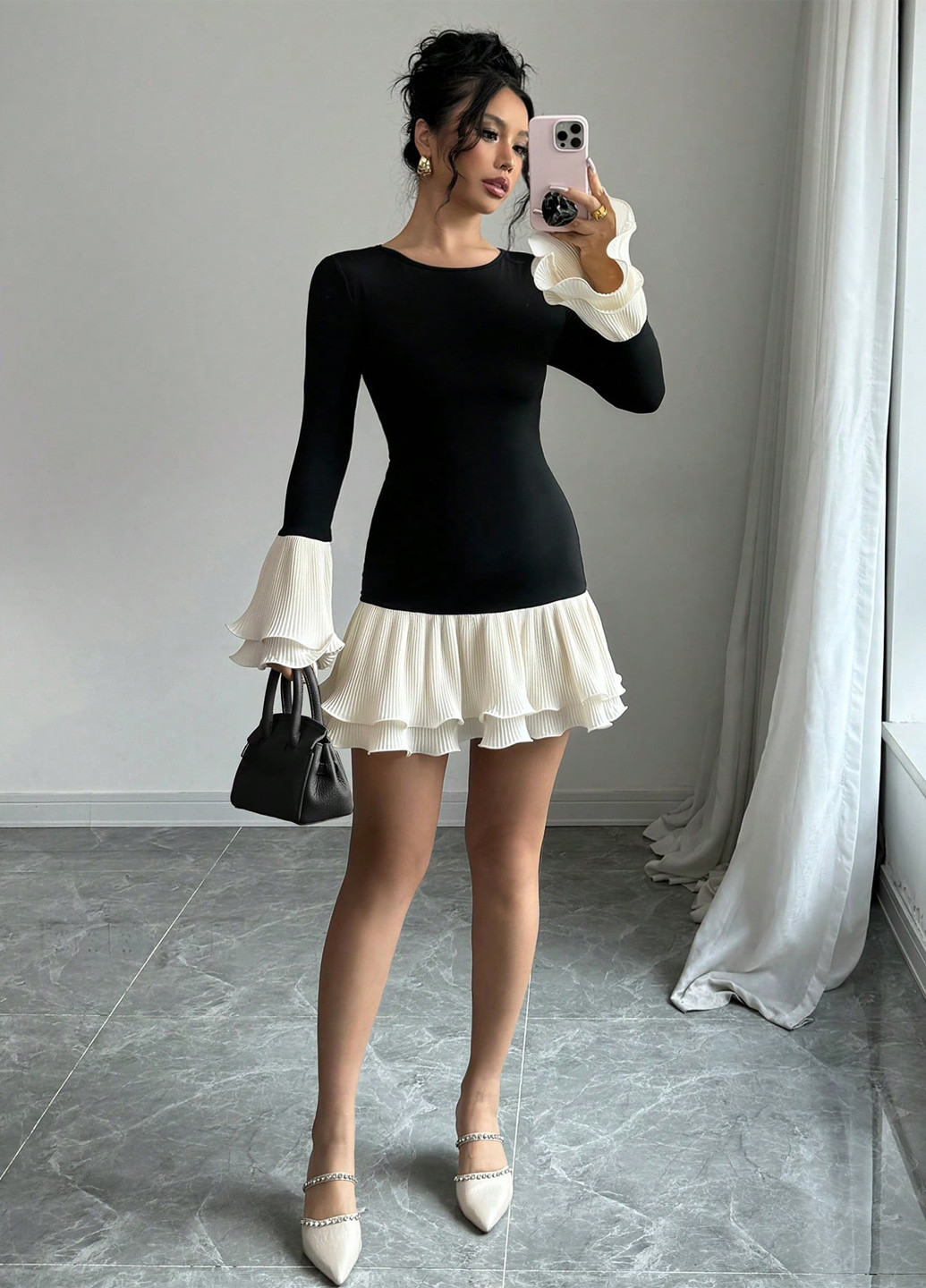 Черно-белое кэжуал платье футляр SHEIN колор блок