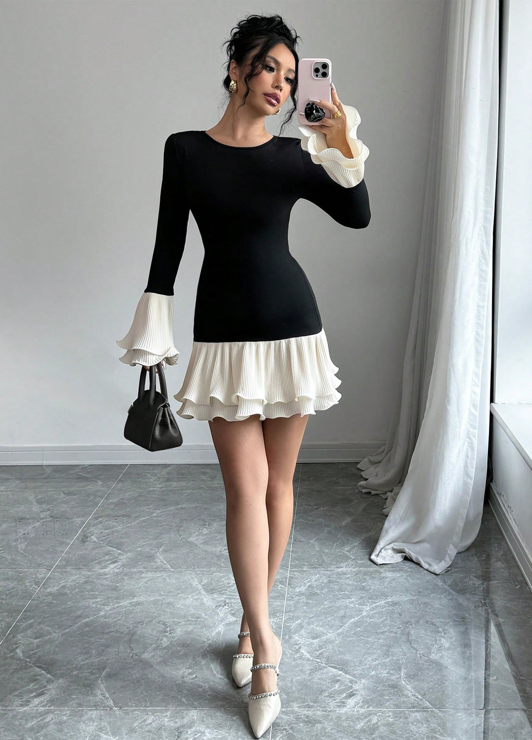 Черно-белое кэжуал платье футляр SHEIN колор блок