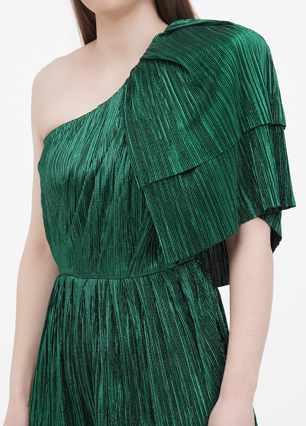 Зеленое коктейльное платье на одно плечо, клеш, плиссированное Motivi однотонное