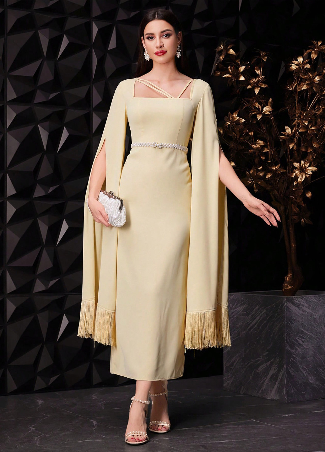 Кремова ділова, вечірня сукня футляр, сукня-кейп SHEIN однотонна