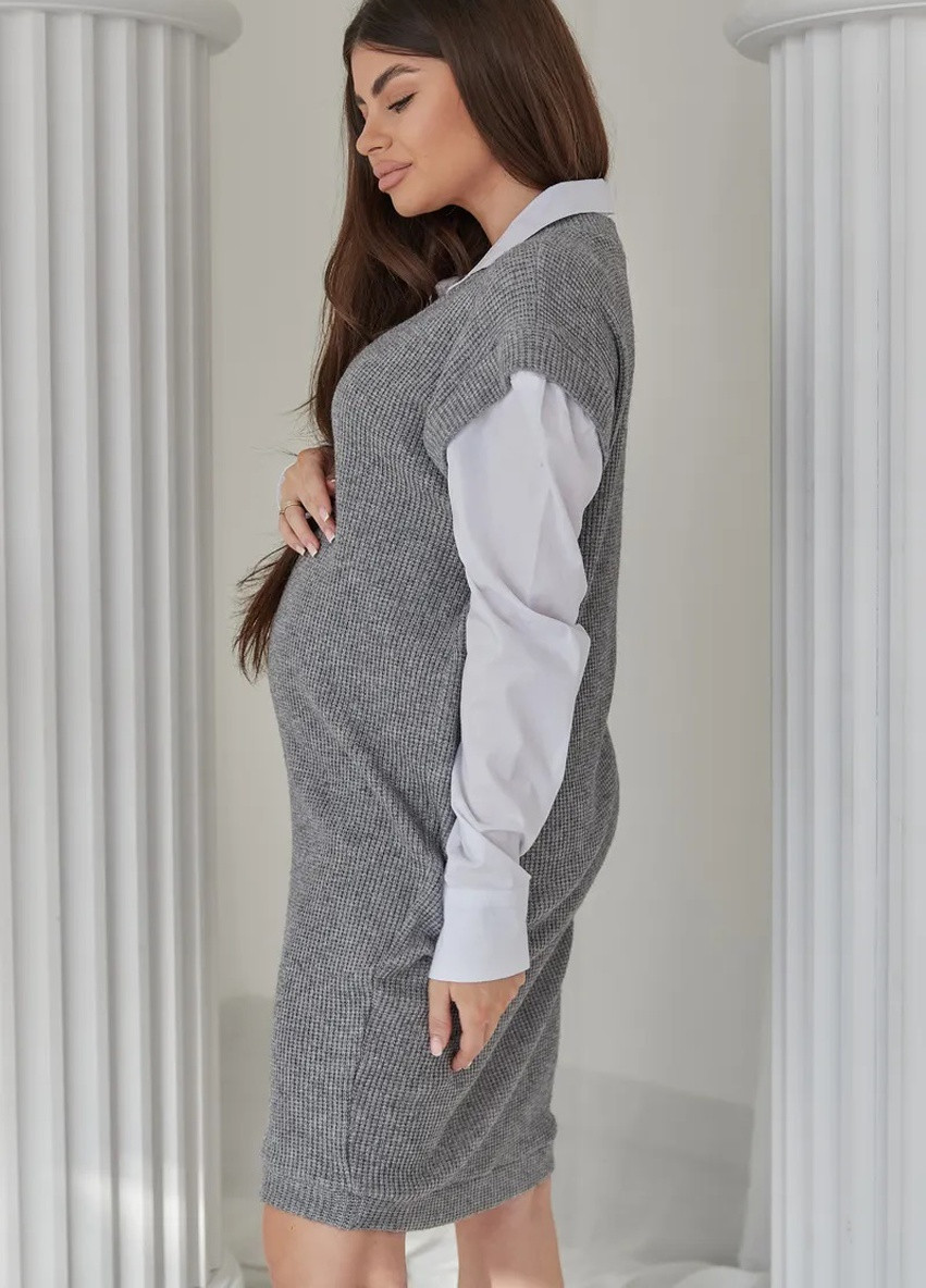 Серое кэжуал теплое серое платье рубашка для беременных и кормящих мам вязаное трикотажное To Be однотонное