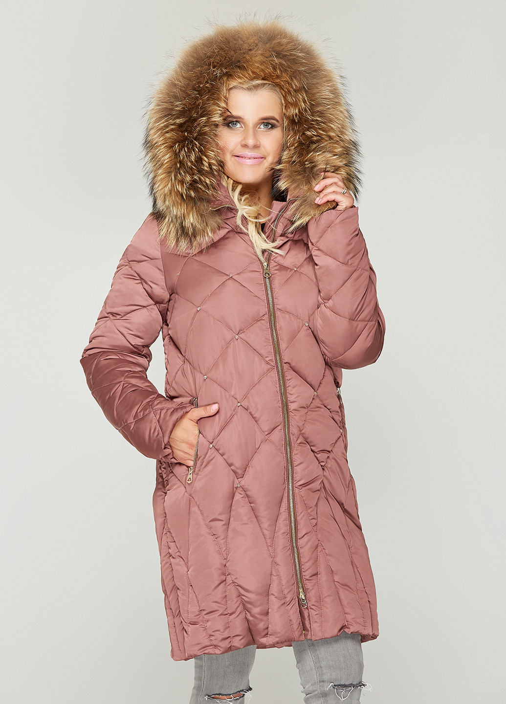 Рожево-коричнева зимня куртка (хутро єнота) MN
