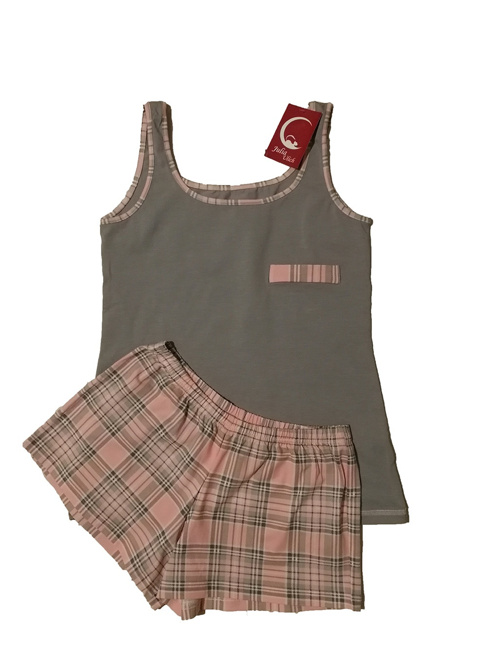 Серая пижама хлопковая розово-серая в клетку m майка + шорты JULIA