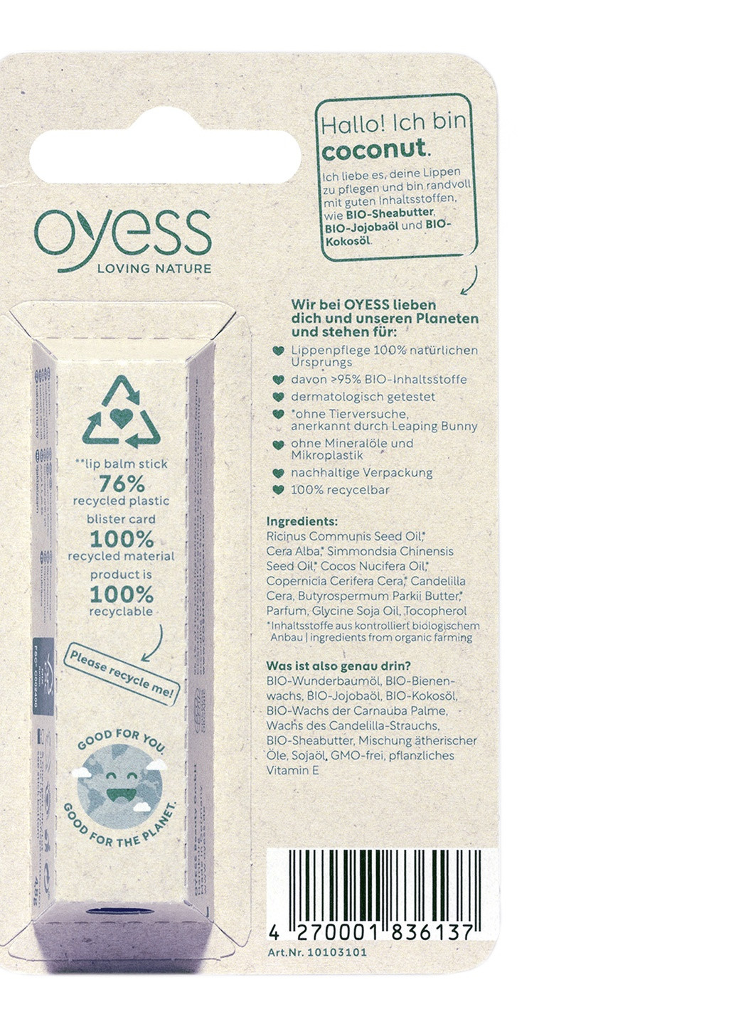 Органическая помада-бальзам для губ Coconut 4,8g Oyess (253654034)
