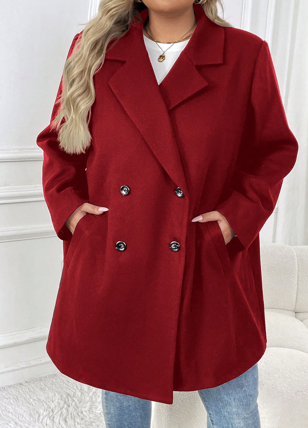 Бордовое зимнее Пальто двубортное SHEIN