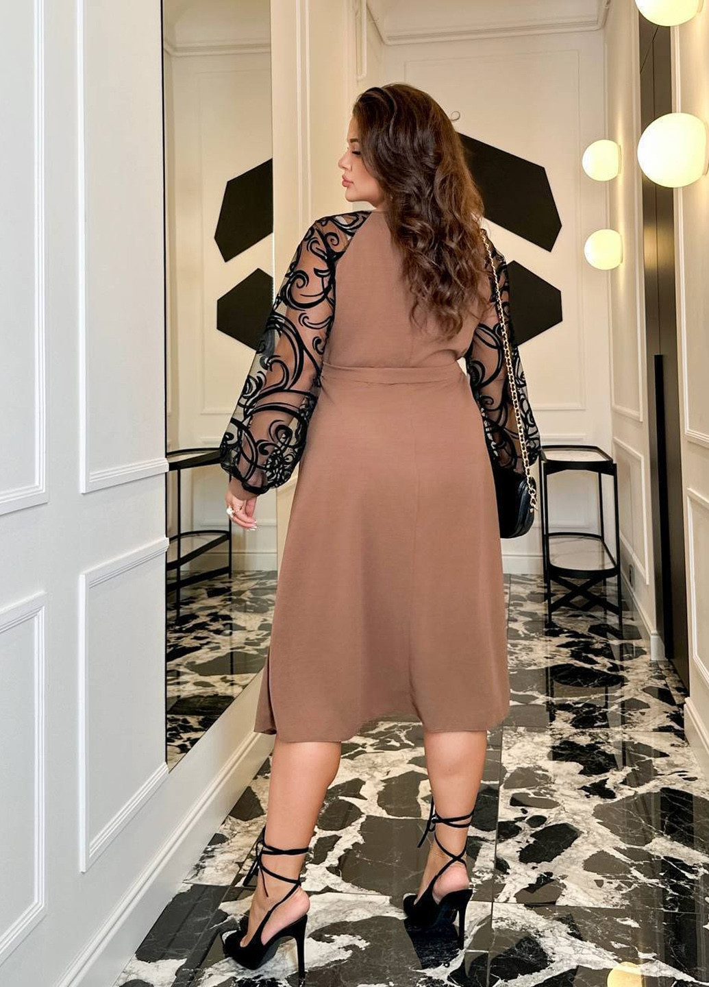 Темно-бежевое праздничный, вечернее платье а-силуэт No Brand колор блок