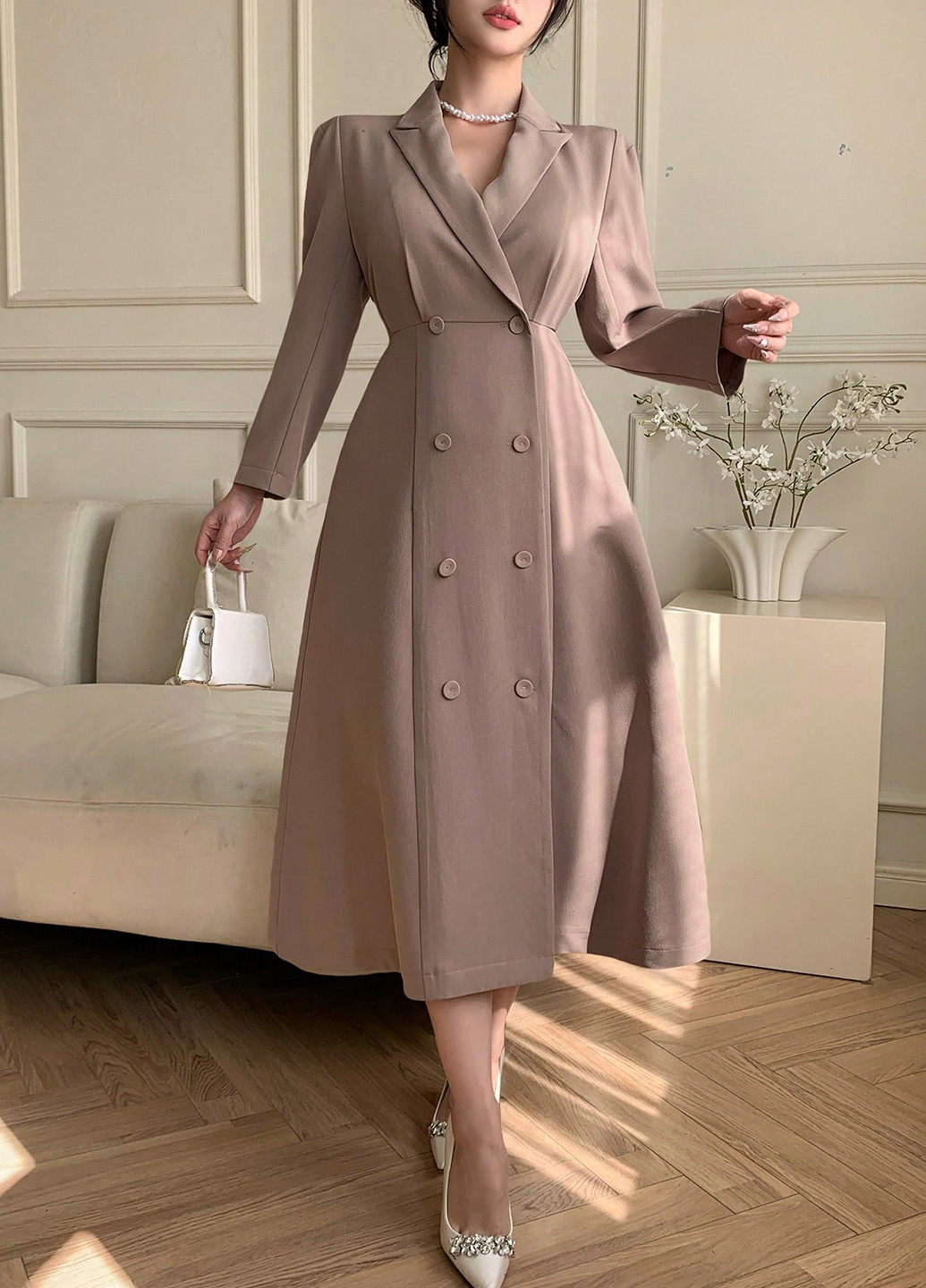 Кавова святковий, ділова сукня кльош, сукня-сорочка, сукня-жакет SHEIN однотонна