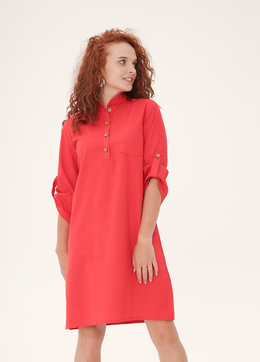 Красное кэжуал льняное платье классического кроя INNOE однотонное