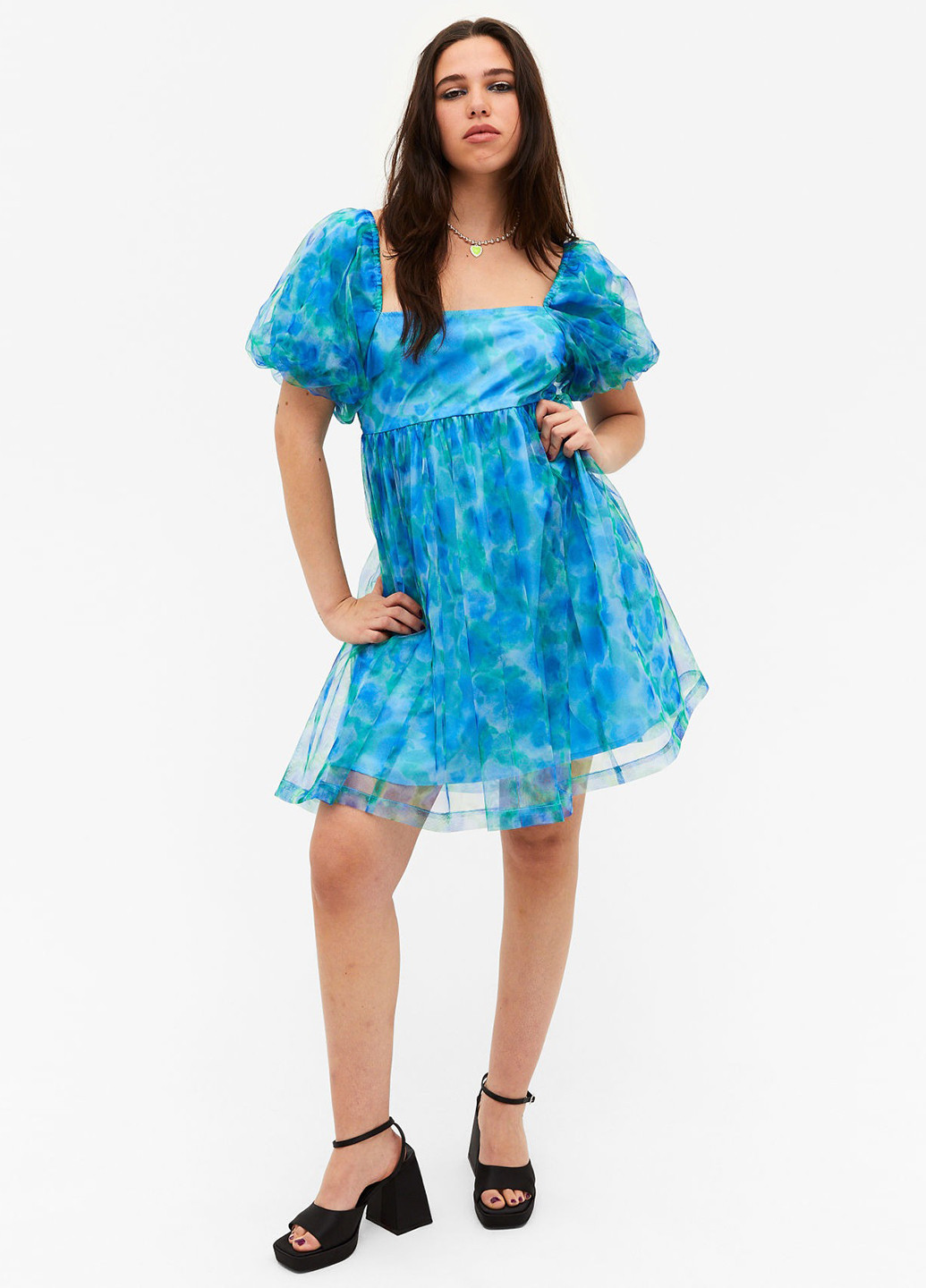 Блакитна коктейльна, кежуал сукня кльош Monki з абстрактним візерунком