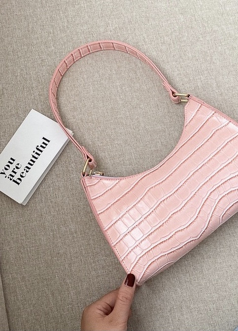 Женская маленькая сумочка через плечо багет на ремешке рептилия крокодиловая кожа розовая NoName (251204304)