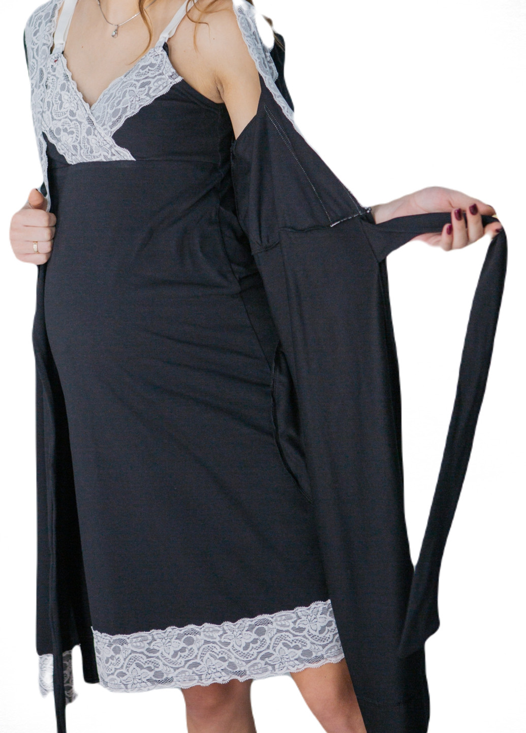64026502(99)01 Комплект нічна сорочка + халат для вагітних і годуючих Чорний HN мадлен (223377173)