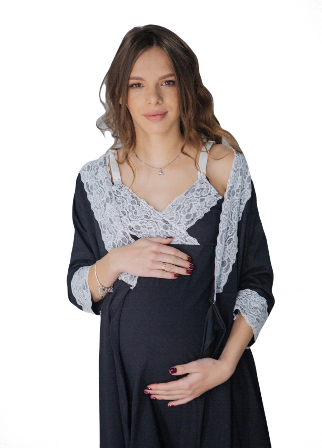 64026502(99)01 Комплект нічна сорочка + халат для вагітних і годуючих Чорний HN мадлен (223377173)