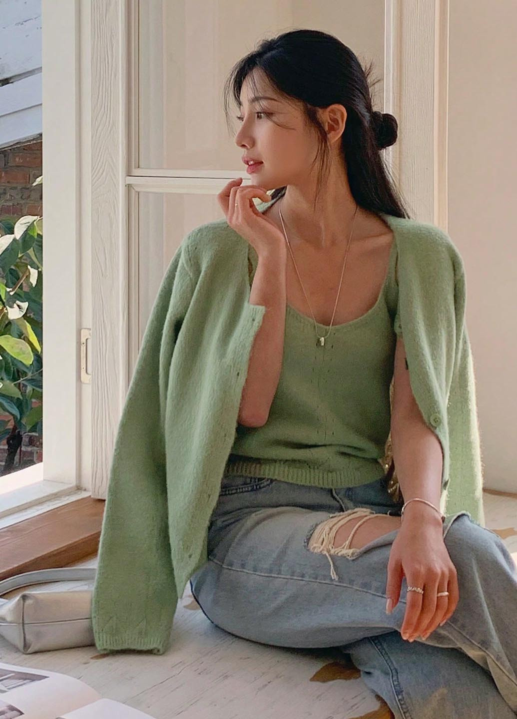 Зеленый демисезонный комплект (кардиган, майка) SHEIN