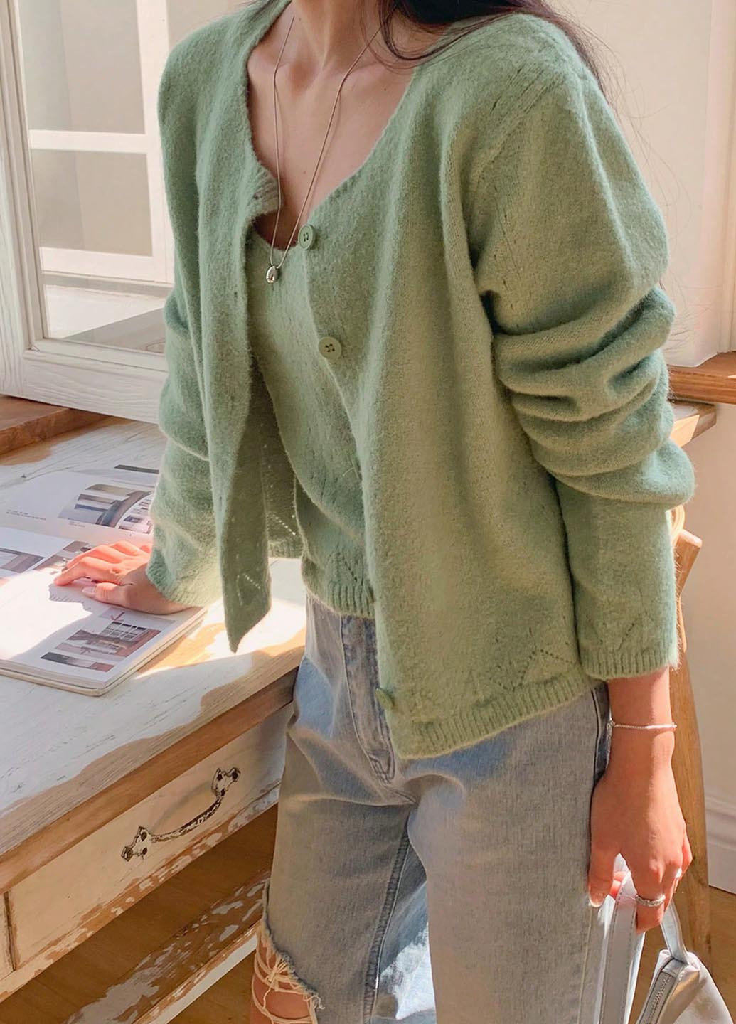 Зеленый демисезонный комплект (кардиган, майка) SHEIN