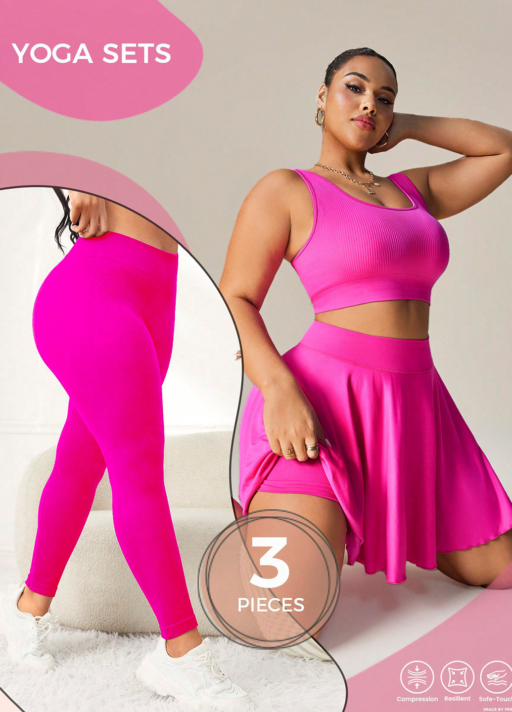 Фуксиновый летний комплект (топ, леггинсы, юбка) SHEIN