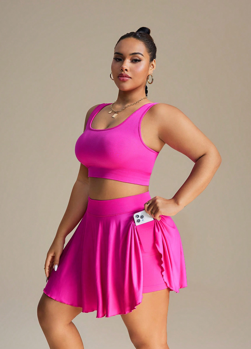 Фуксиновый летний комплект (топ, леггинсы, юбка) SHEIN