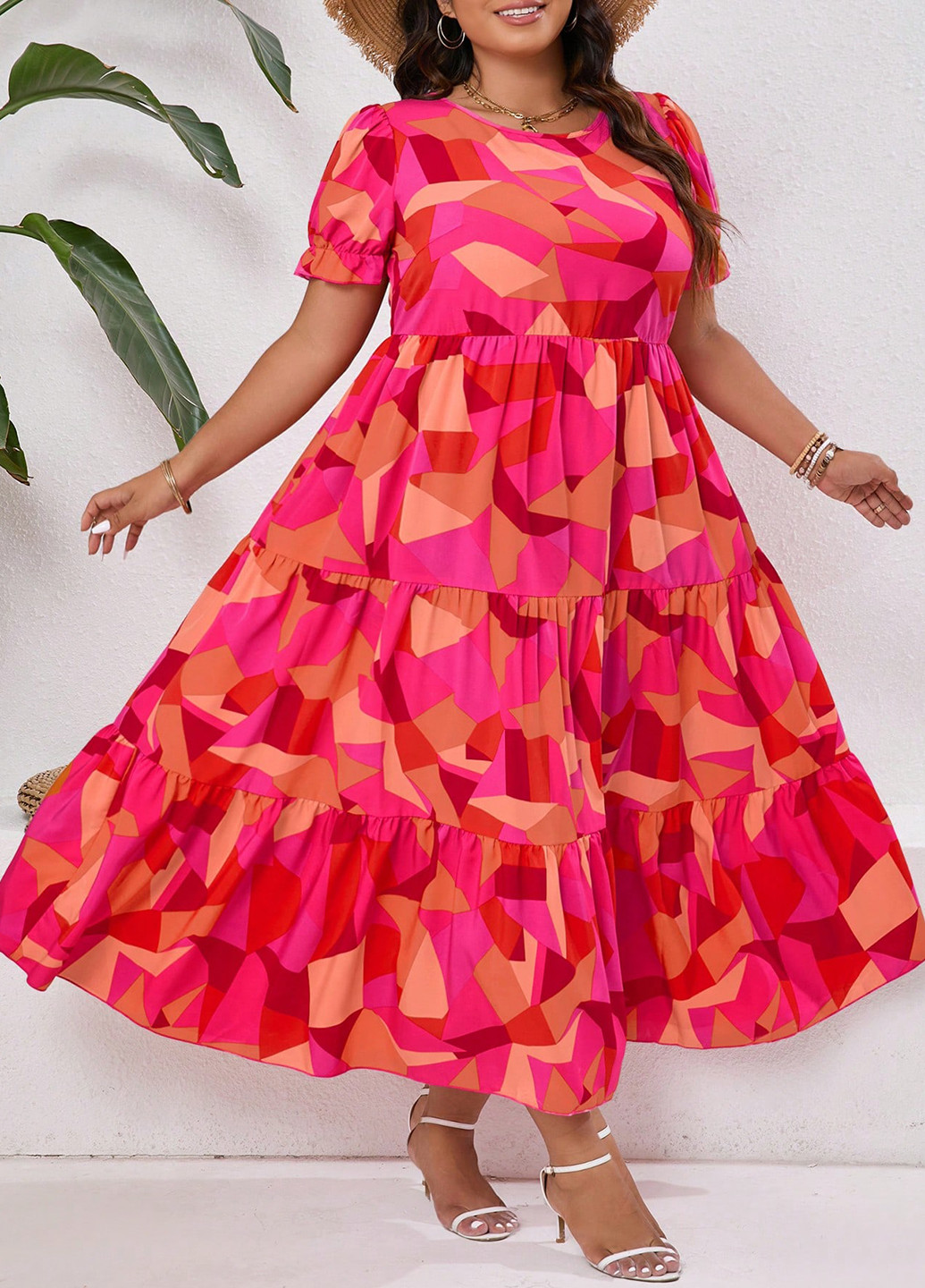 Розово-коричневое кэжуал платье с юбкой-солнце, в стиле ампир SHEIN с абстрактным узором