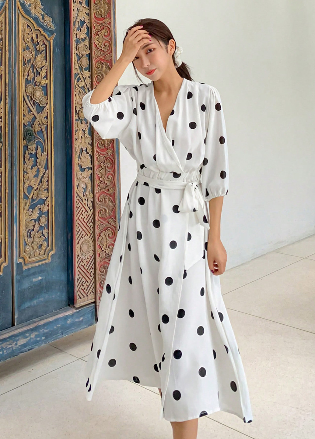 Белое праздничный, кэжуал платье на запах, а-силуэт SHEIN в горошек