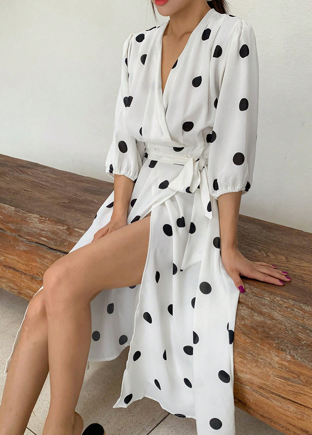 Белое праздничный, кэжуал платье на запах, а-силуэт SHEIN в горошек