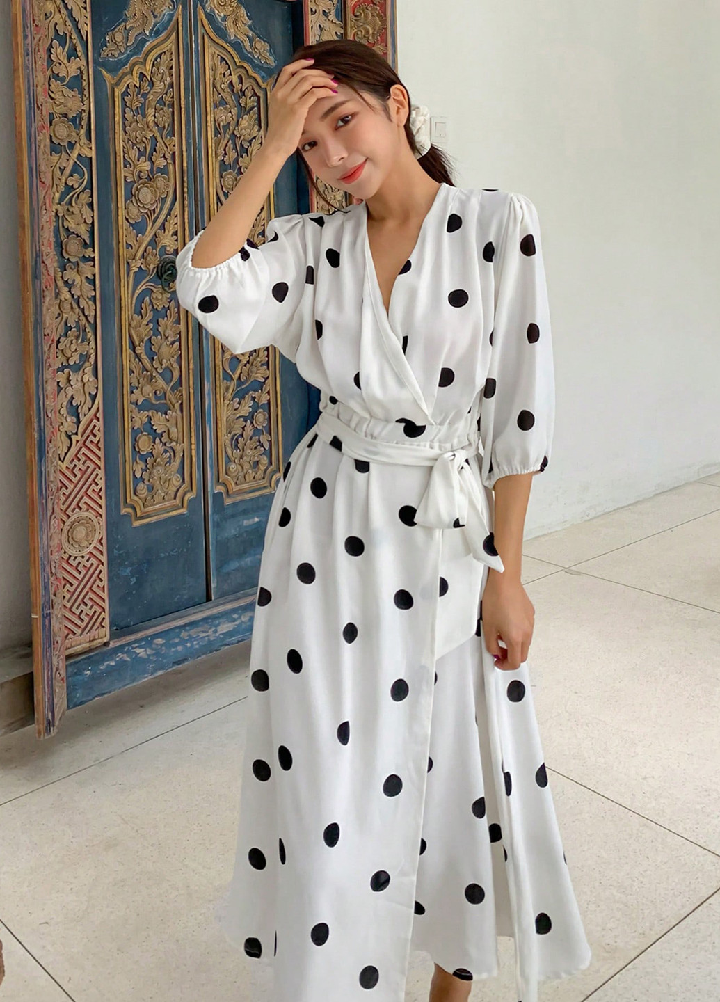 Белое праздничный, кэжуал платье на запах, а-силуэт SHEIN в горошек