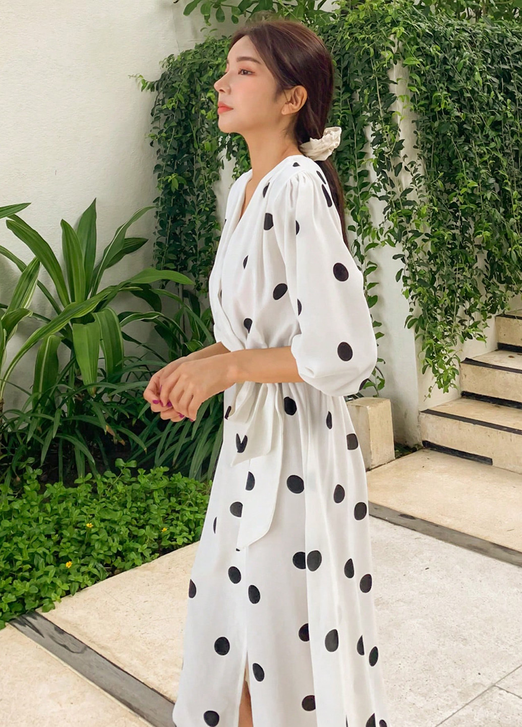 Белое праздничный, кэжуал платье на запах, а-силуэт SHEIN в горошек