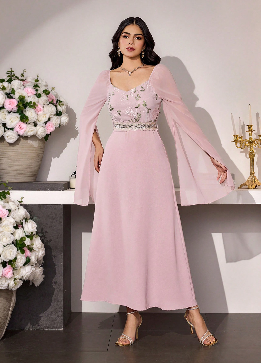 Блідо-рожева святковий, вечірня сукня а-силует SHEIN однотонна