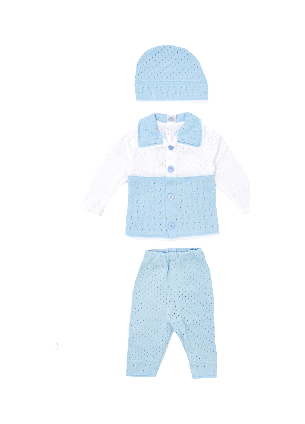 Голубой демисезонный комплект (жакет, брюки, шапка) Mari-Knit