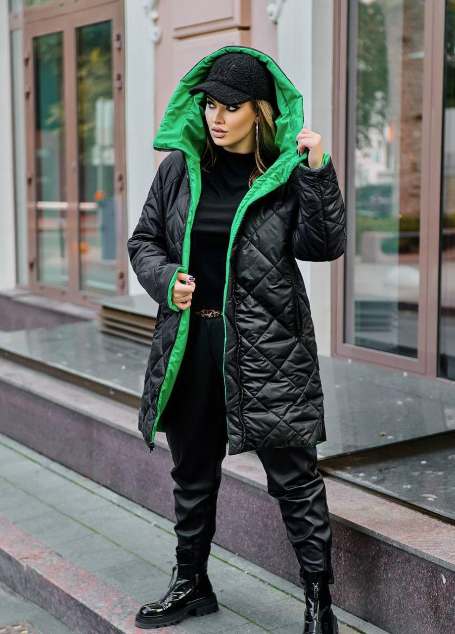 Черная женская двухсторонняя куртка черно-зеленого цвета размер 50/52 382685 New Trend