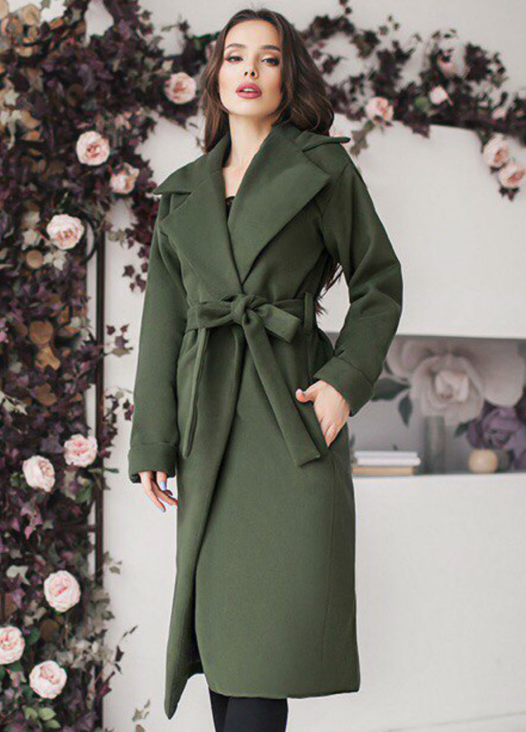 Оливковое (хаки) демисезонное Светлое пальто с поясом Даниель Look and Buy однобортное Look & Buy