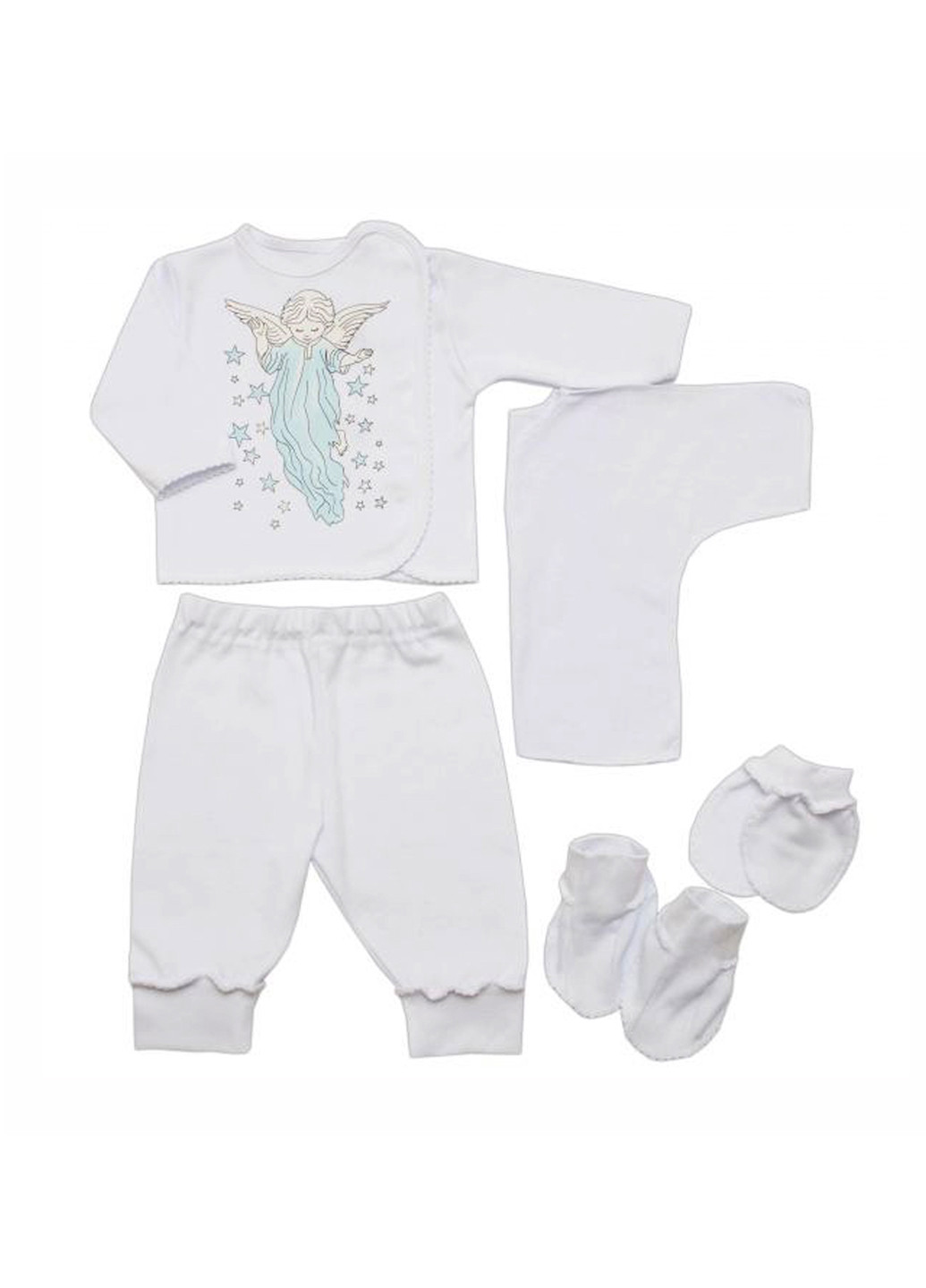 Білий демісезонний комплект (кофта, штани, шапка, сорочечка, царапки, пінетки) BabiesBerries
