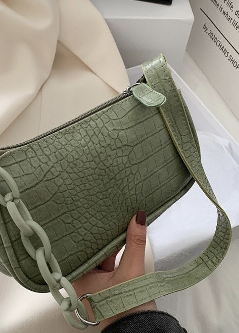 Женская классическая маленькая сумочка багет на цепочке ремешке рептилия зеленая оливковая хаки NoName (251204064)