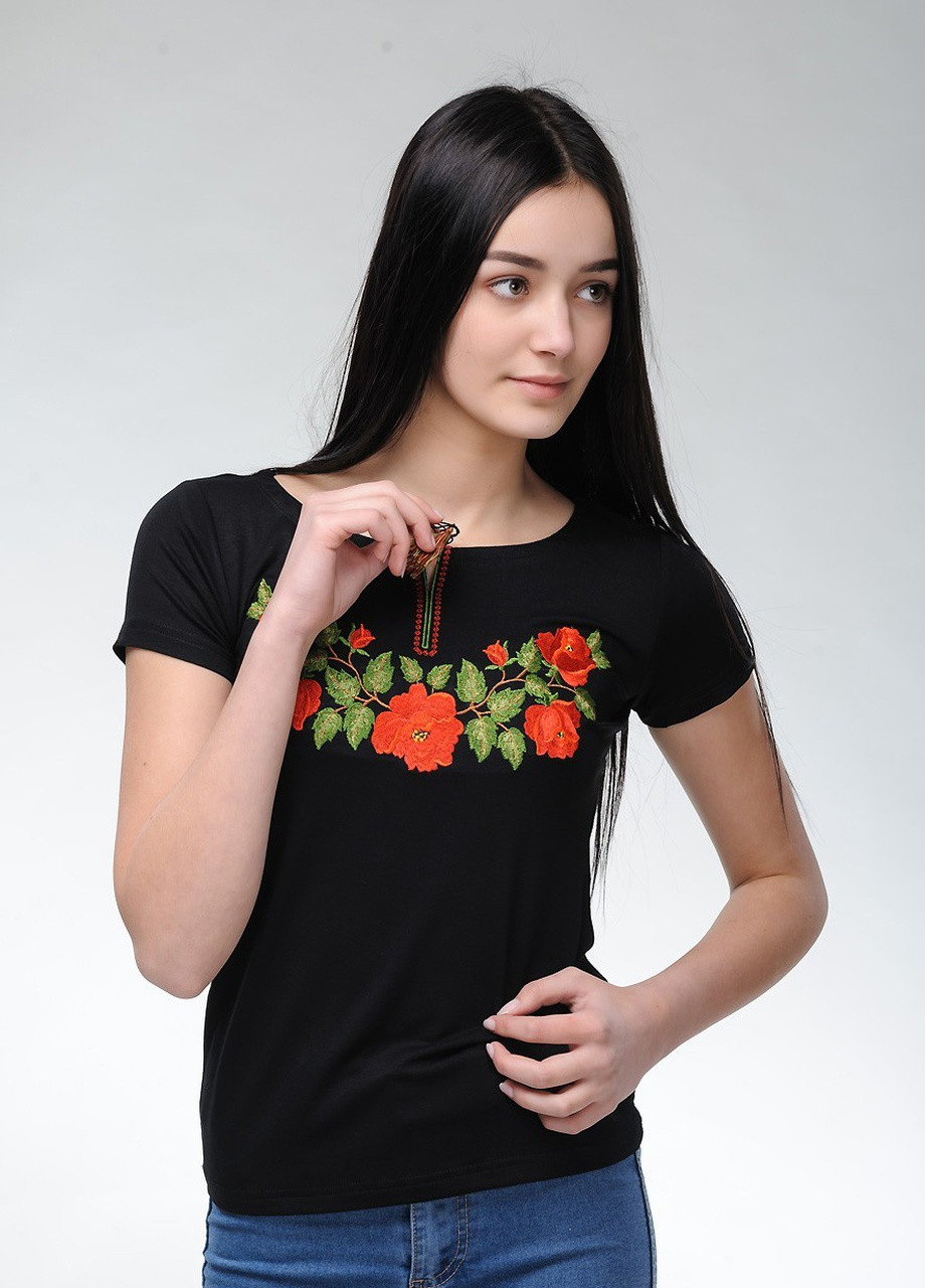 Жіноча вишита футболка Ніжність троянд чорна Melanika (250206137)