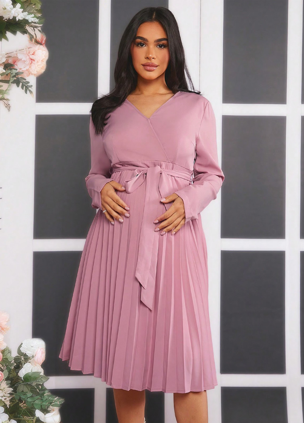 Светло-розовое кэжуал платье для беременных плиссированное SHEIN однотонное