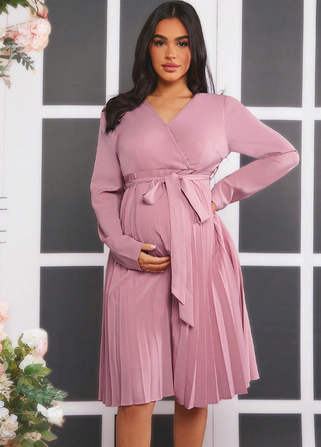 Светло-розовое кэжуал платье для беременных плиссированное SHEIN однотонное