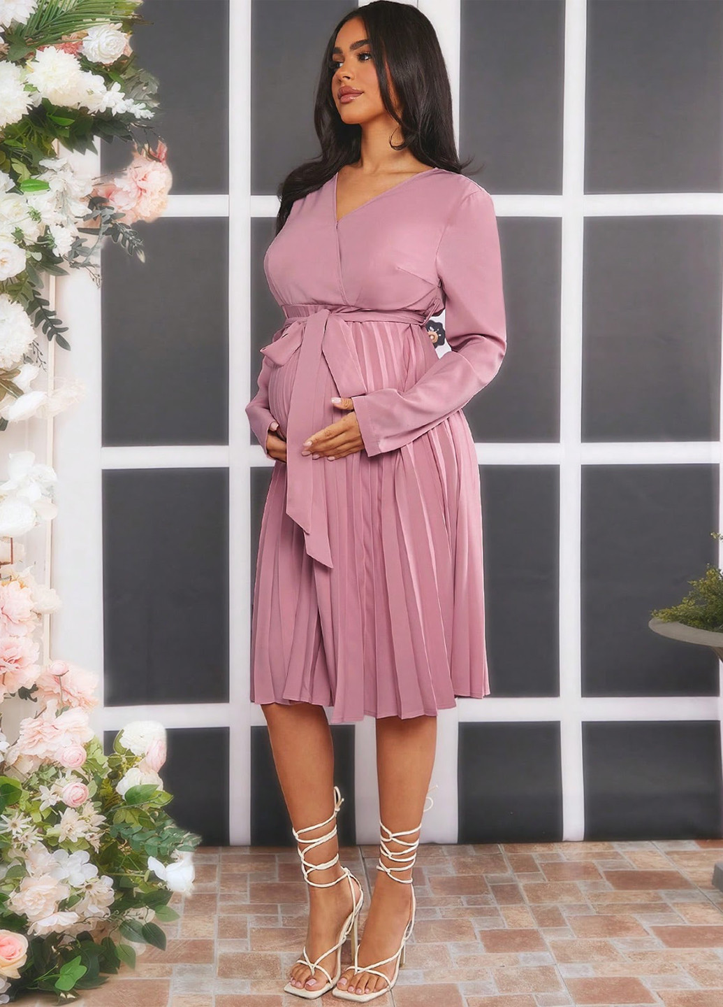 Светло-розовое кэжуал платье для беременных плиссированное SHEIN однотонное