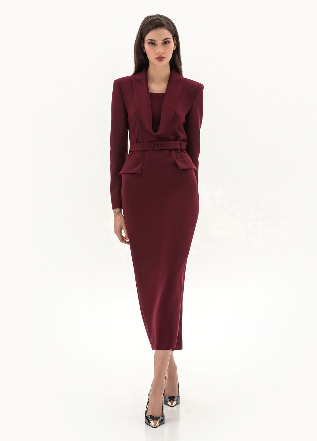Бордовое деловое, кэжуал платье платье-жакет BGL однотонное