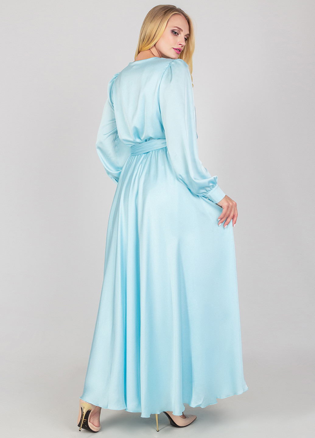 Голубое кэжуал платье на запах Seam однотонное