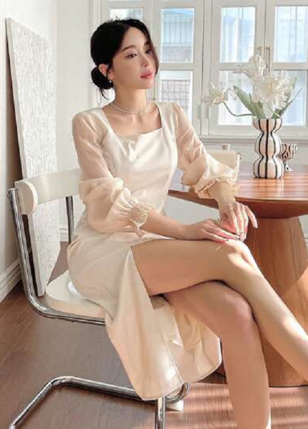 Кремовое кэжуал платье а-силуэт SHEIN однотонное