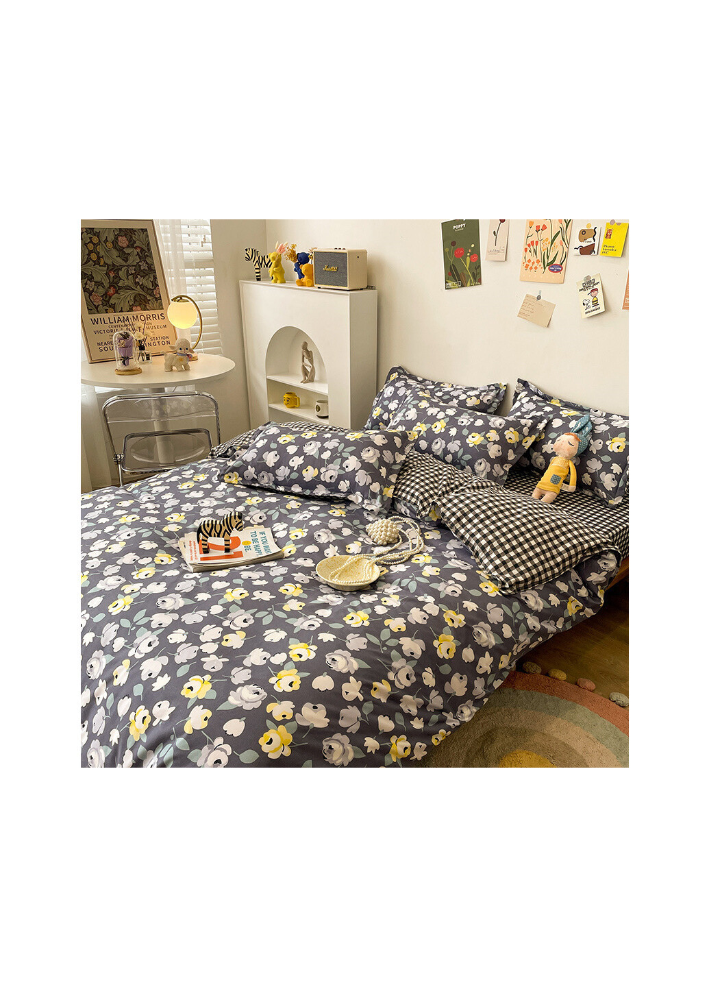 Комплект постельного белья в клетку с цветочным принтом серый Розы (полуторный) Berni Home 59473 (249946528)
