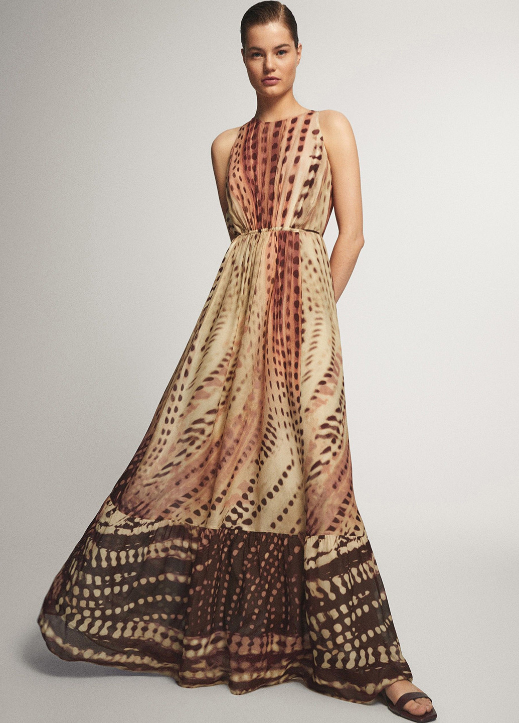 Бежевое кэжуал платье с юбкой-солнце Massimo Dutti с абстрактным узором