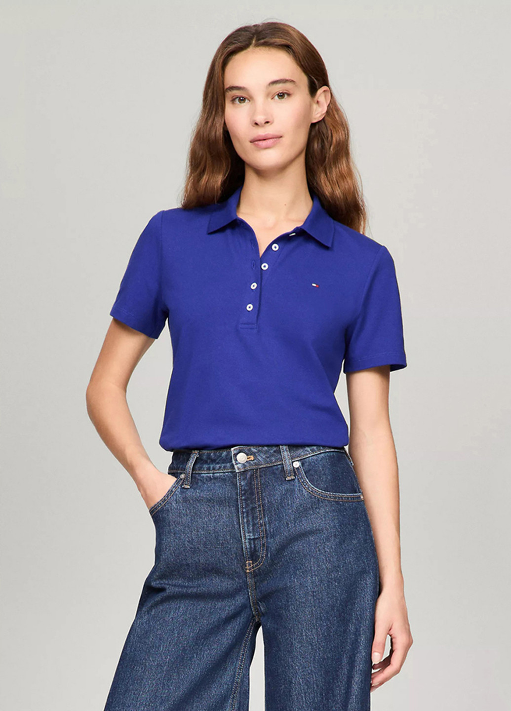 Синяя женская футболка-поло Tommy Hilfiger однотонная