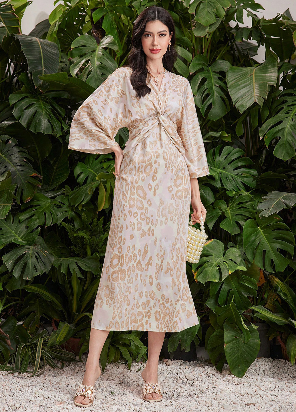 Бежевое кэжуал, праздничный платье а-силуэт SHEIN леопардовый