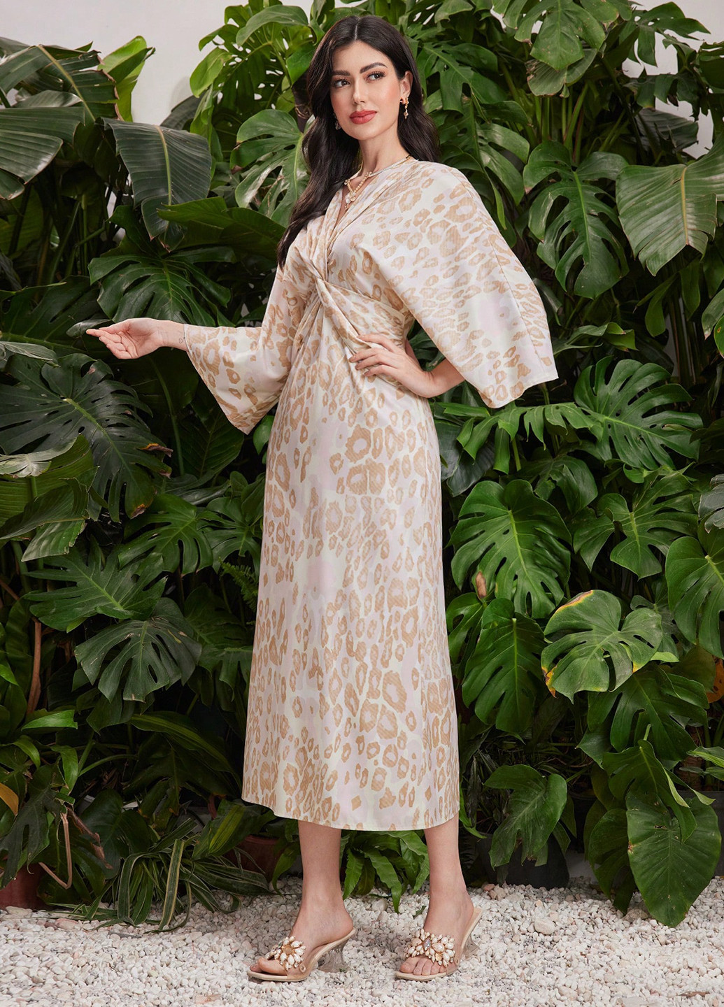 Бежевое кэжуал, праздничный платье а-силуэт SHEIN леопардовый